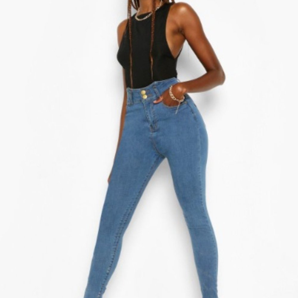 Boohoo NWT Tall Denim High Waist Shaping Skinny Jeans Mid Blue Size 6